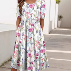 Womens Round-Neck Mid-Waist Printed Swing Dress