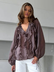 Lotus Leaf Edge Tied Lantern Sleeve Semi Transparent Thin Shirt