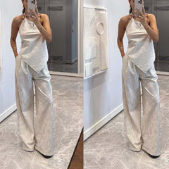 Off-shoulder Striped Irregular Top And Pants Two-piece Set