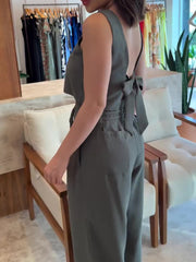 Army Green Backless Bow Tie Sleeveless Top & Wide-Leg Pants Set