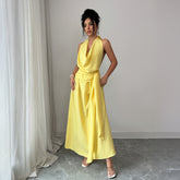 Womens Solid-Color Elegant French-Style Resort Halter Dress