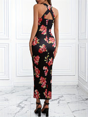 Slanted Shoulder Printed Bag Hip High Slit Dress