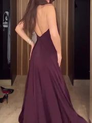 Deep Wine Red Halter Draped Ball Gown Maxi Dress