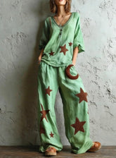 Bohemian-style Loose Top With Star And Moon Print - Wide-leg Pants Two-piece Set