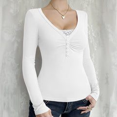 Womens Casual Patchwork Lace Long-Sleeve Top