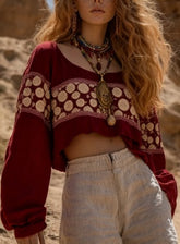 Women's Bohemian Retro Round Neck Long Sleeve Loose Short Top