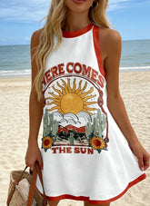 Women's American Retro Sun Print Color-blocked Halter Neck Sleeveless Loose Short Dress
