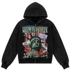 High-street Vintage Washed-and-distressed Print Hoodie With A Zip-up Hood