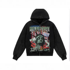 High-street Vintage Washed-and-distressed Print Hoodie With A Zip-up Hood
