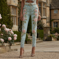 Womens Denim Jeans Womens Trousers With Colorful 3D Floral Prints