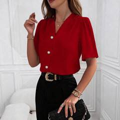 Fashionable V-neck Button-Down Casual Business Short-Sleeve Shirt