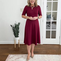Womens Solid-Color Crew-Neck Short-Sleeve Dress