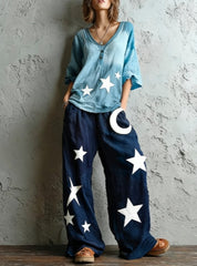 Bohemian-style Loose Top With Star And Moon Print - Wide-leg Pants Two-piece Set