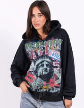 High-street Vintage Washed-and-distressed Print Hoodie With A Zip-up Hood