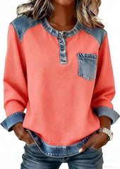 Patchwork Button Pocket Long Sleeved Round Neck Top