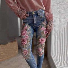 Womens Denim Jeans Womens Trousers With Colorful 3D Floral Prints