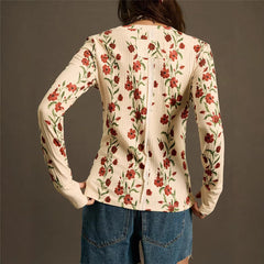 New Womens Retro Floral-print Knit Slim-fit