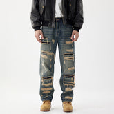 Mens Distressed Hole-Detailed Wide-Leg Denim Jeans With Custom Patches