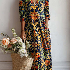 Womens Loose V-Neck Fashionable Long-Sleeve Printed Dress