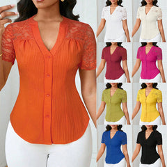 Versatile Slim-fit Embroidered Hollow-out Short-sleeve Top With A Single-breasted Design