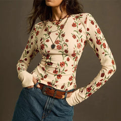 New Womens Retro Floral-print Knit Slim-fit