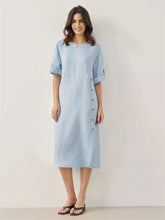 Casual Cotton-Linen Dress With Buttoned Slit And Round Neck