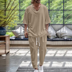 Solid Color V-Neck Pullover Short-Sleeve Drawstring Pocket Design Ankle-Tightening Pants Set