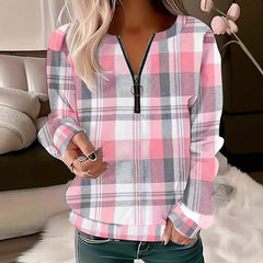 Womens Autumn Winter Printed Plaid Half-Zip Hoodie