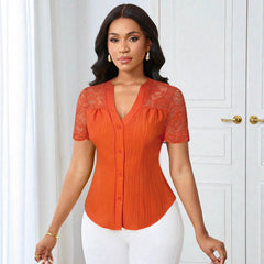 Versatile Slim-fit Embroidered Hollow-out Short-sleeve Top With A Single-breasted Design