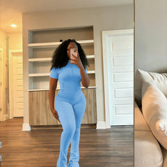 Stylish Casual V-neck Zip-up Two-piece Set