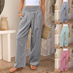 Plaid Casual Trousers Loose-fit Womens Fashion Wide-leg Pants With Pockets