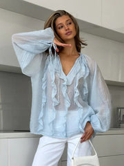Lotus Leaf Edge Tied Lantern Sleeve Semi Transparent Thin Shirt
