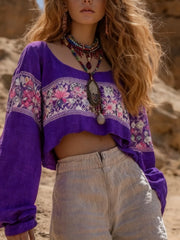 Women's Bohemian Retro Round Neck Long Sleeve Loose Short Top