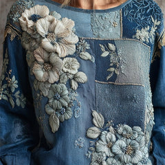 Womens 3D-printed Crew-neck Long-sleeve Retro Bohemian Top