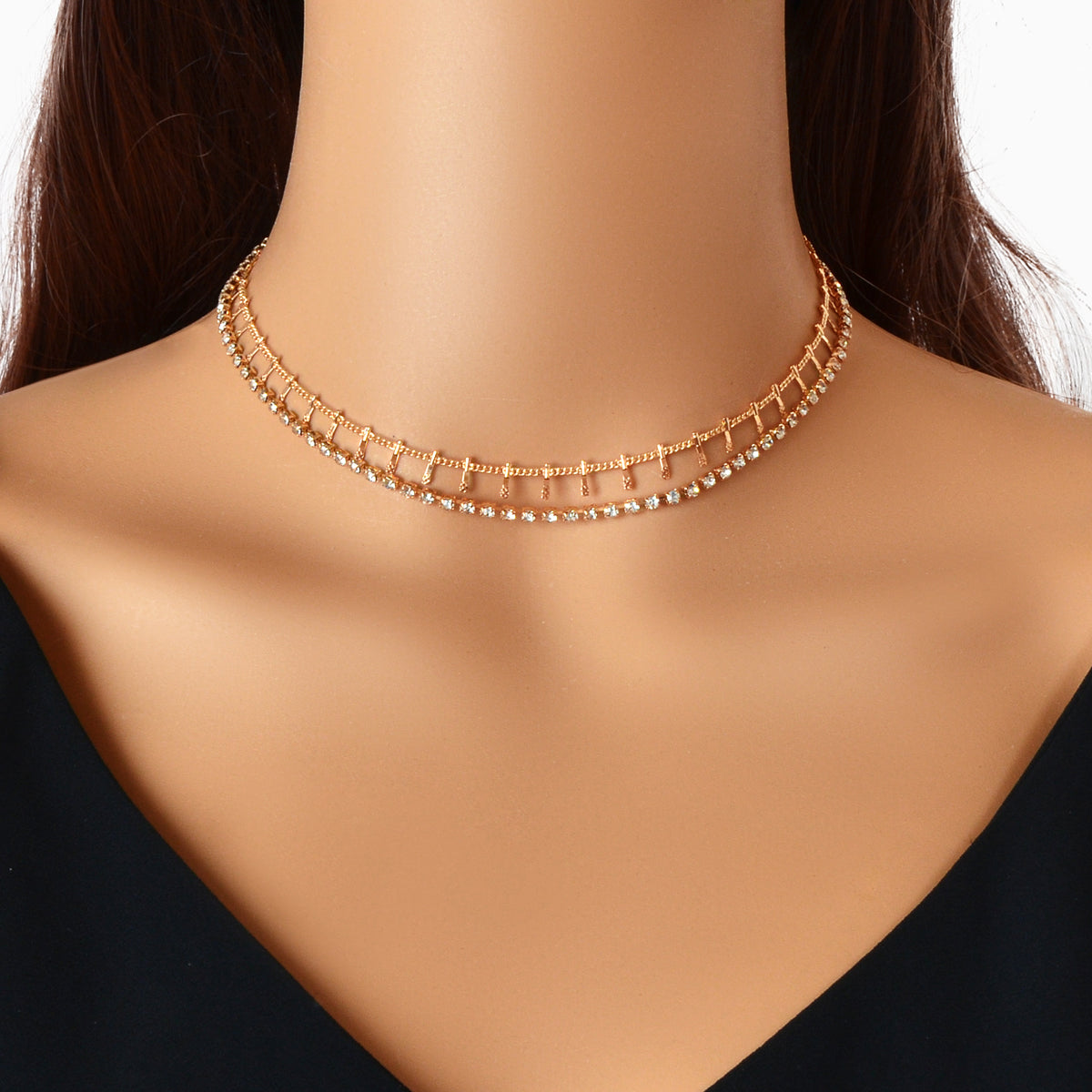 Gold Layered Initial Necklaces Women Rhinestone Decoration Double Chain Choker