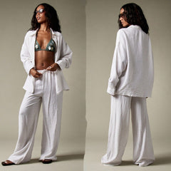 Solid-color Relaxed-fit Wide-leg Pants 2-piece Set