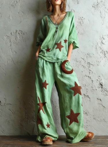 Bohemian-style Loose Top With Star And Moon Print - Wide-leg Pants Two-piece Set