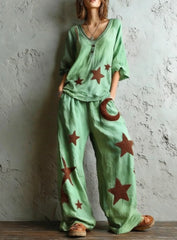 Bohemian-style Loose Top With Star And Moon Print - Wide-leg Pants Two-piece Set