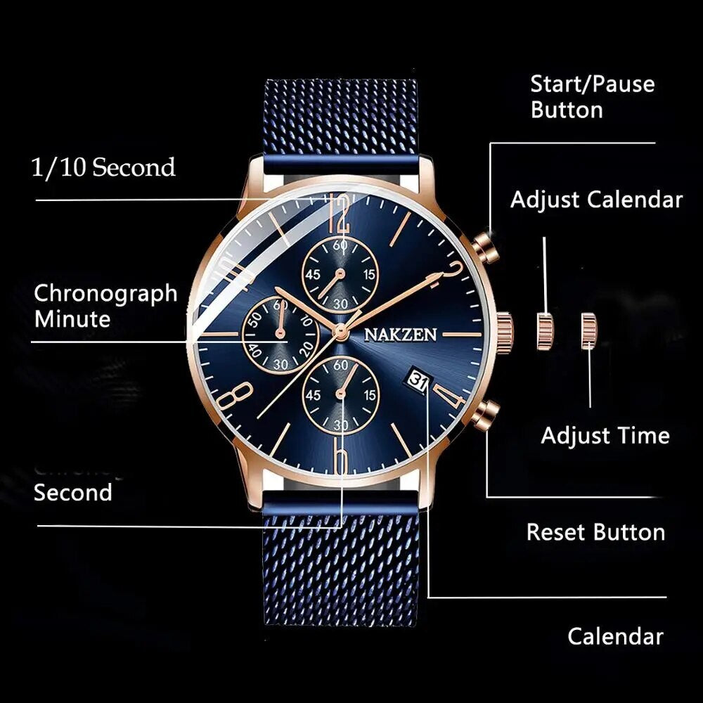 Luxury Quartz Watches Men Brand NAKZEN Men's Business Sport Watch Waterproof Chronograph Wristwatches Relogio Masculino