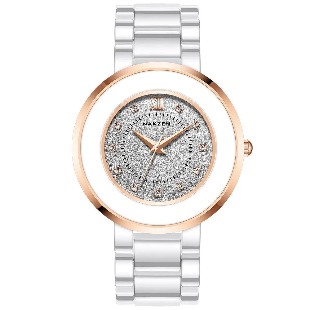 NAKZEN Women's Quartz Fashion Simple Ceramics Analogue Watch Ceramic Band 30M Waterproof Diamond Dress Watches relogio feminino