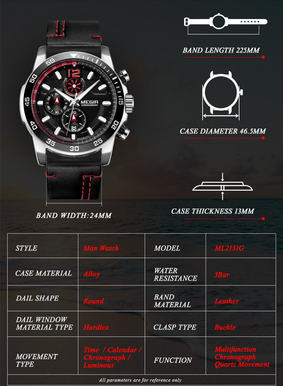 MEGIR Black Luxury Men's Wrist Watch Man Leather Strap Waterproof Chronograph Sports Men Watches Clock Hour Quartz Wristwatches