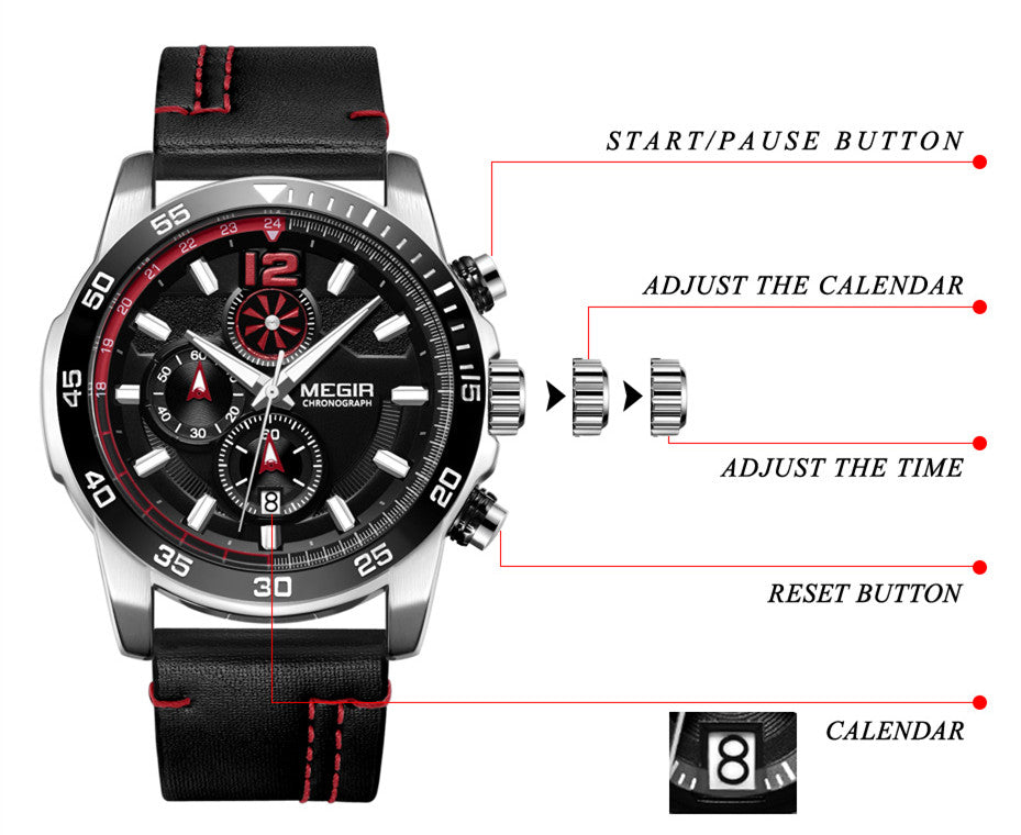 MEGIR Black Luxury Men's Wrist Watch Man Leather Strap Waterproof Chronograph Sports Men Watches Clock Hour Quartz Wristwatches