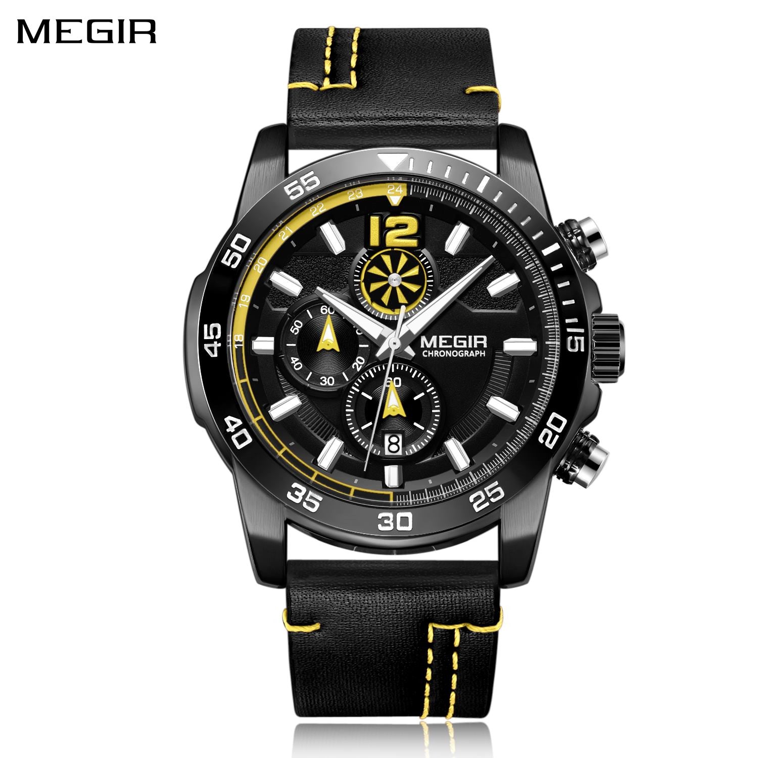 MEGIR Black Luxury Men's Wrist Watch Man Leather Strap Waterproof Chronograph Sports Men Watches Clock Hour Quartz Wristwatches