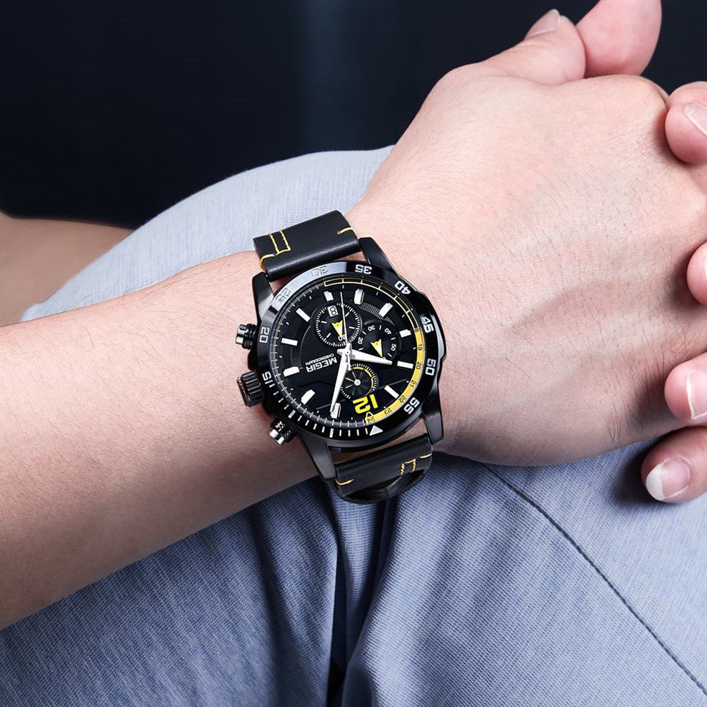 MEGIR Black Luxury Men's Wrist Watch Man Leather Strap Waterproof Chronograph Sports Men Watches Clock Hour Quartz Wristwatches