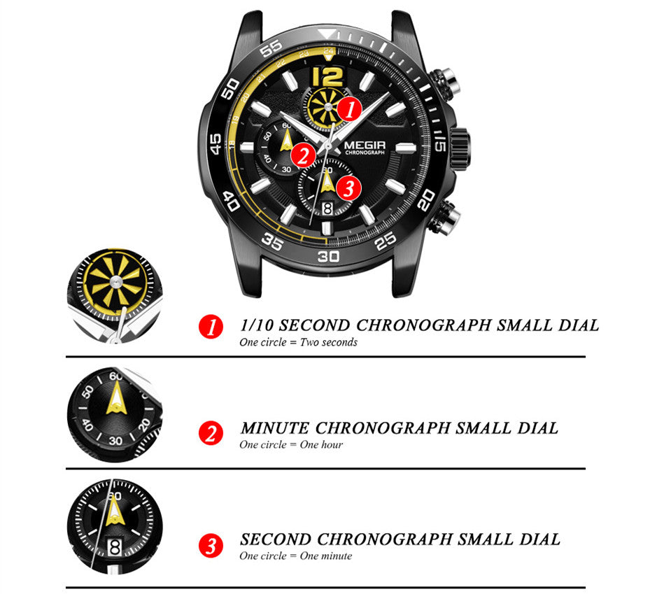 MEGIR Black Luxury Men's Wrist Watch Man Leather Strap Waterproof Chronograph Sports Men Watches Clock Hour Quartz Wristwatches