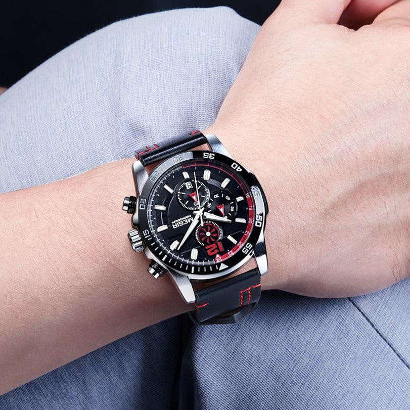 MEGIR Black Luxury Men's Wrist Watch Man Leather Strap Waterproof Chronograph Sports Men Watches Clock Hour Quartz Wristwatches