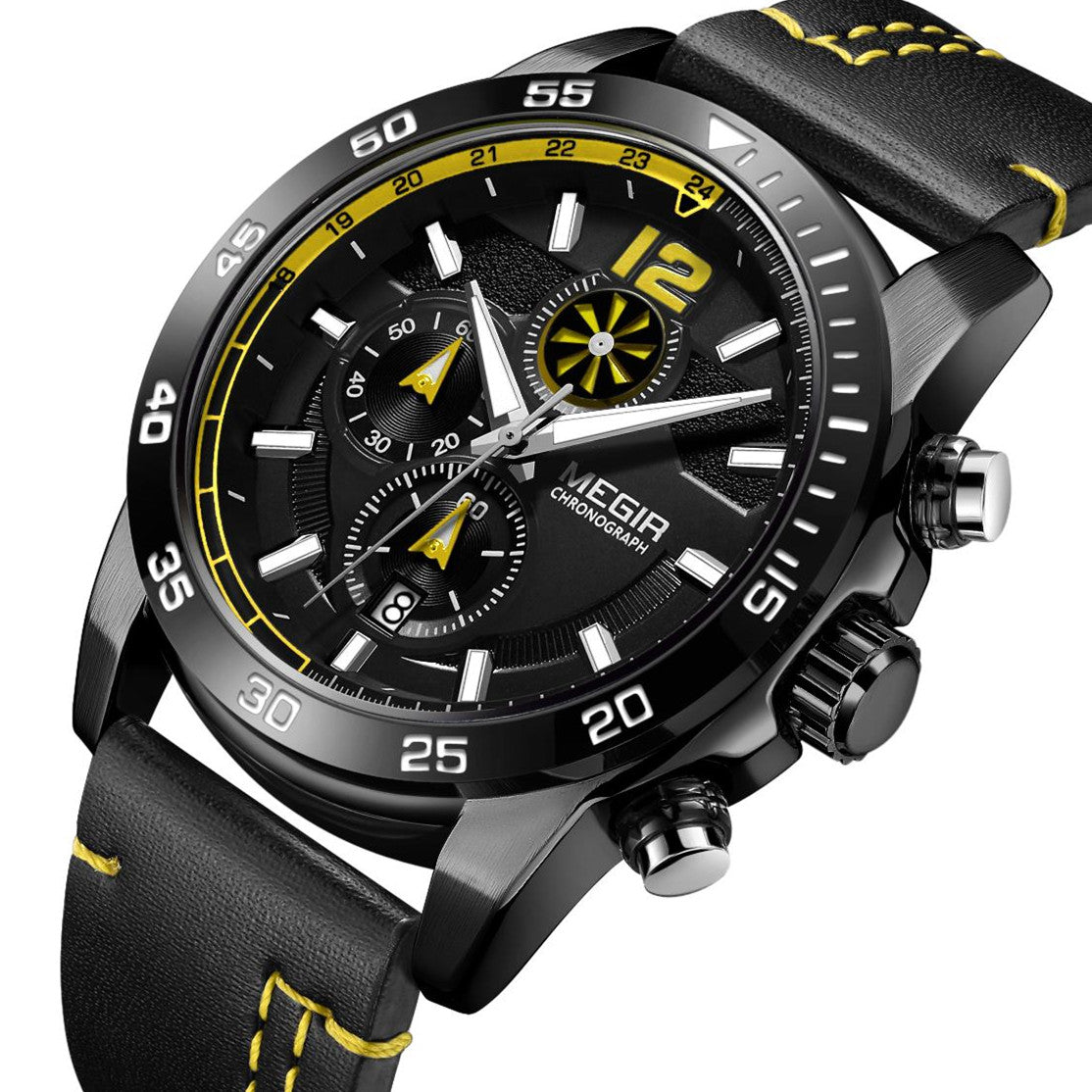 MEGIR Black Luxury Men's Wrist Watch Man Leather Strap Waterproof Chronograph Sports Men Watches Clock Hour Quartz Wristwatches