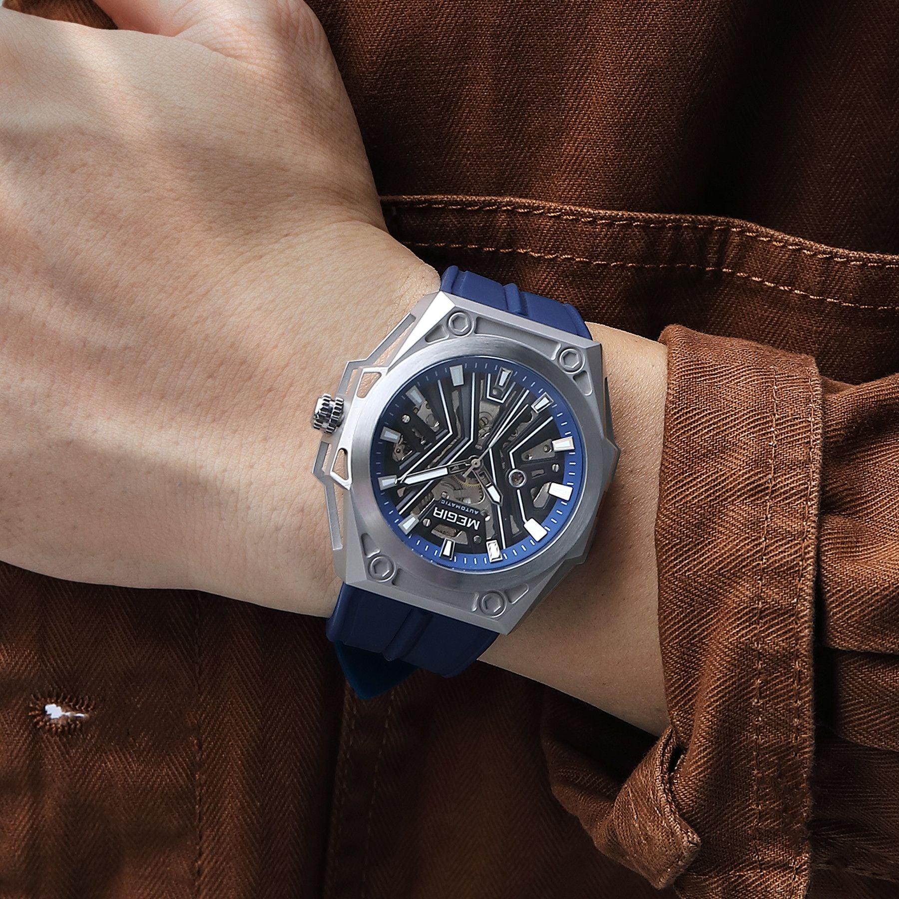 MEGIR Fashion Fully Automatic Mechanical Men's Watch Stainless Steel Case Sports Military Wristwatch Waterproof Watches Clock