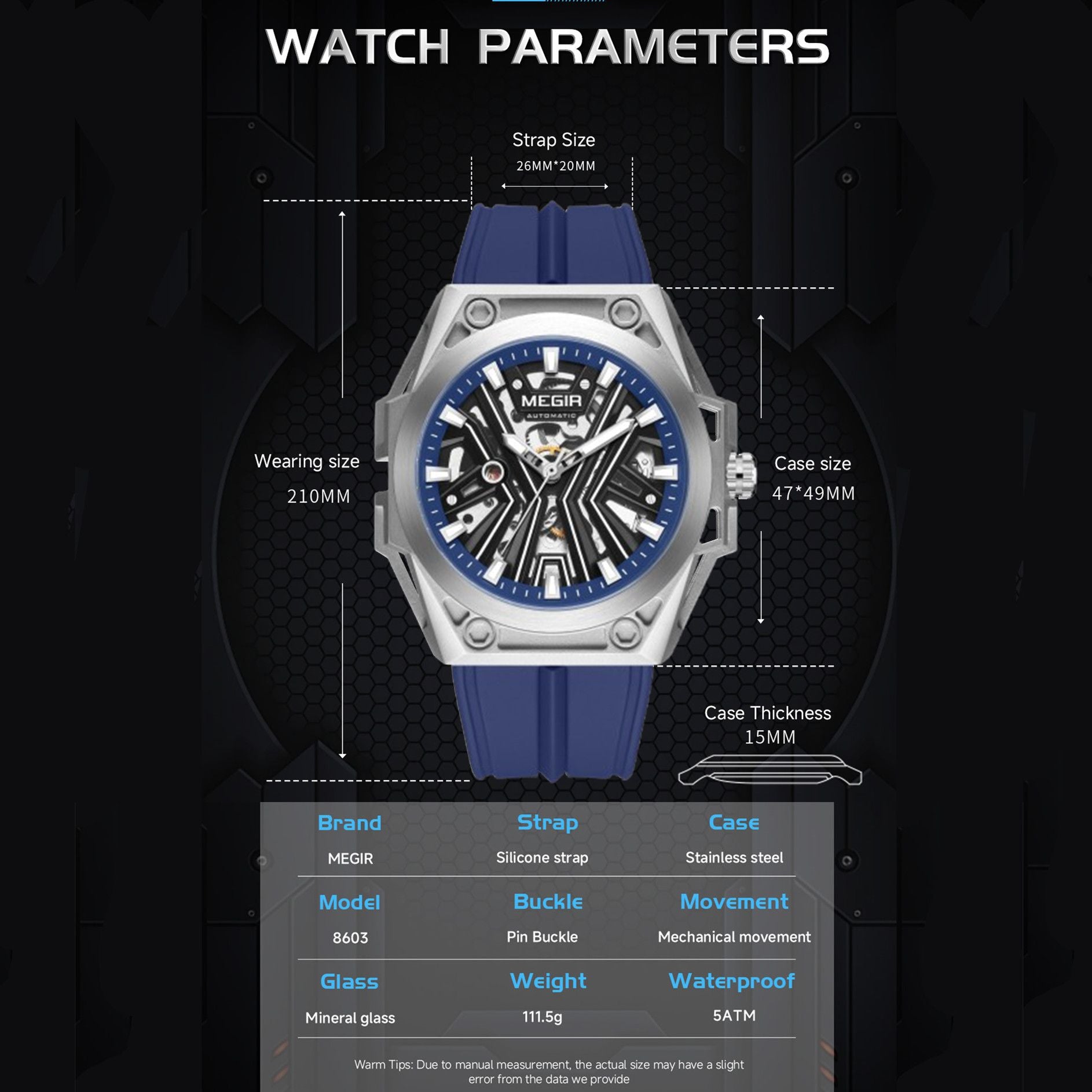 MEGIR Fashion Fully Automatic Mechanical Men's Watch Stainless Steel Case Sports Military Wristwatch Waterproof Watches Clock