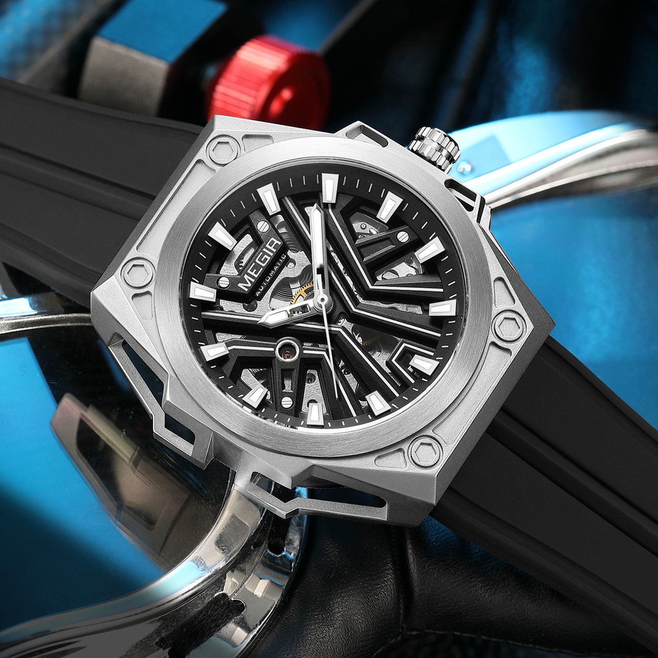 MEGIR Fashion Fully Automatic Mechanical Men's Watch Stainless Steel Case Sports Military Wristwatch Waterproof Watches Clock